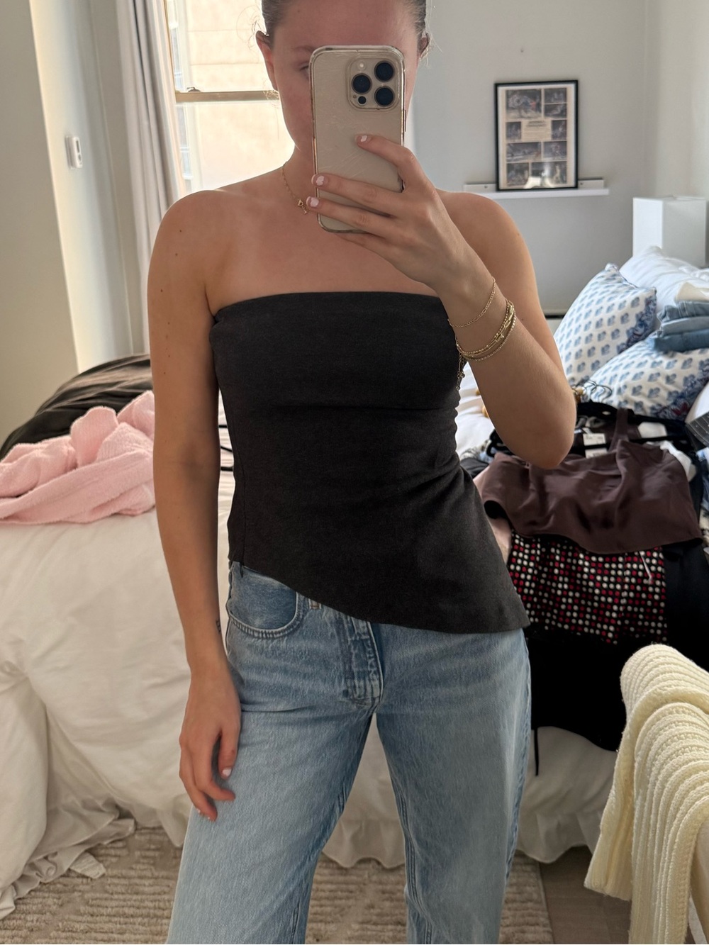 Zara Dark Gray Asymmetric Hem Strapless Top